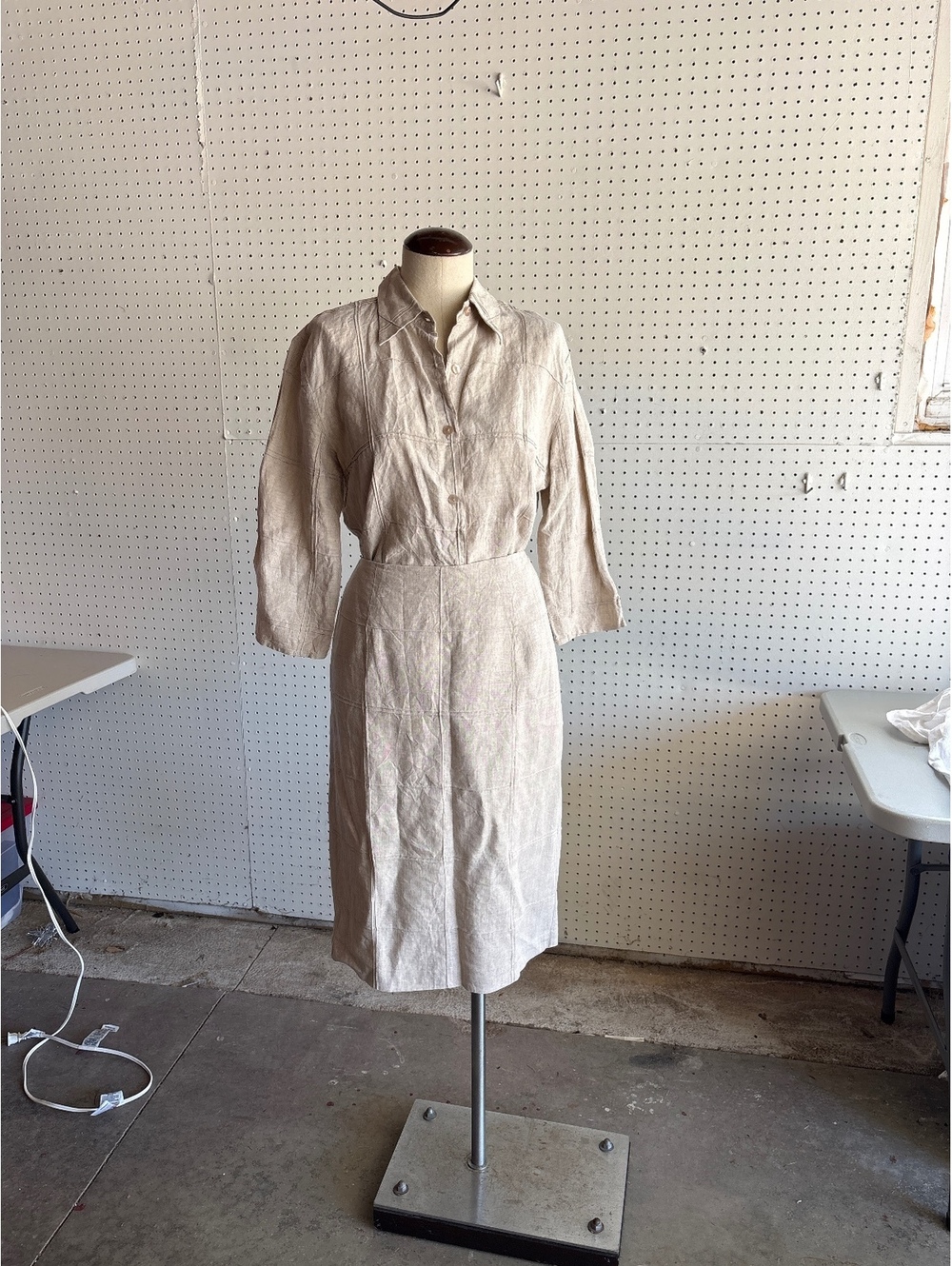 2 piece Silk Club Collection Beige Linen Button-Up Dress